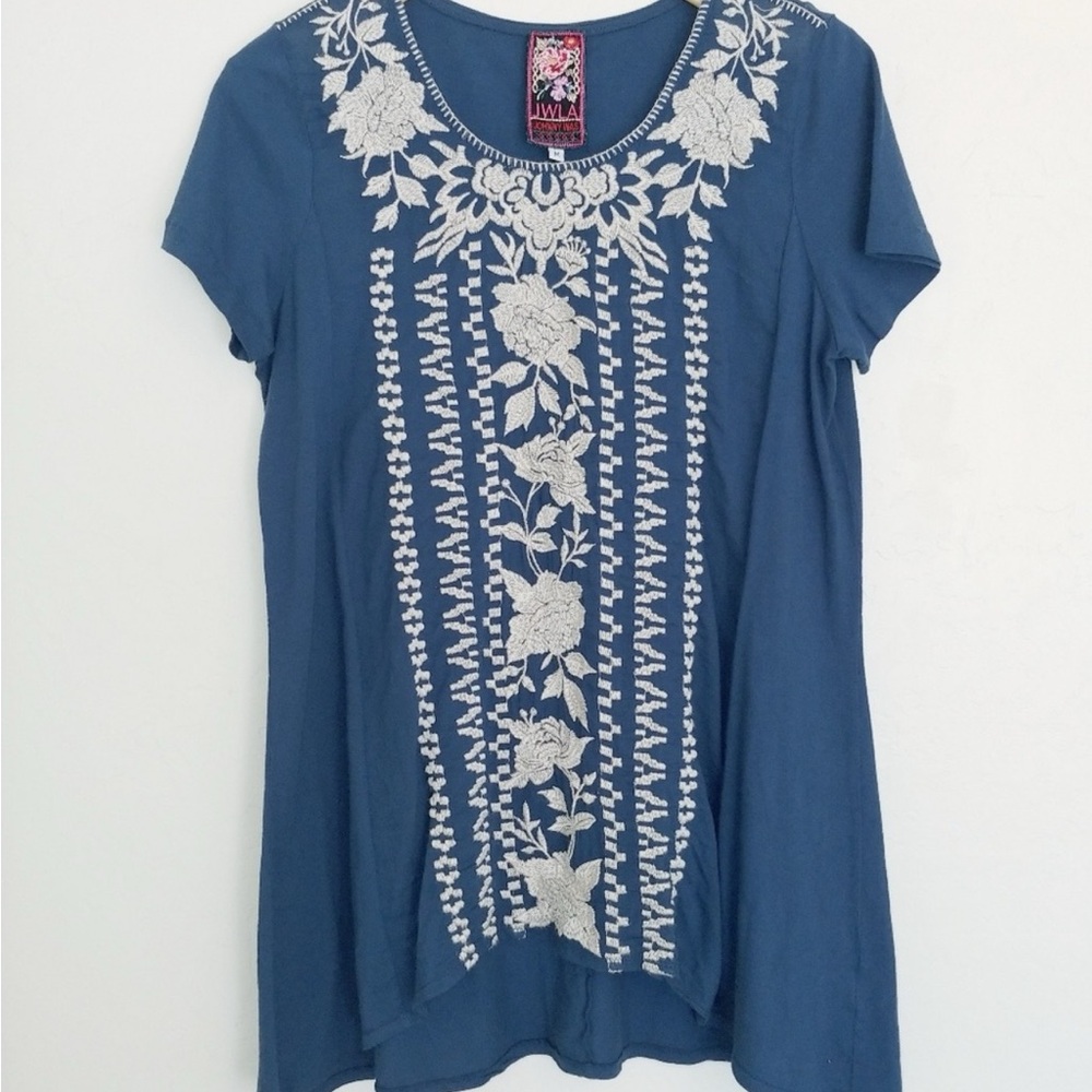 Johnny Was Blue Floral Embroidered Blouse